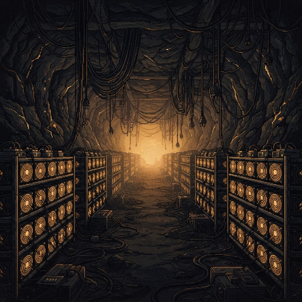 Underground mining hall lit by glowing amber GPU rigs